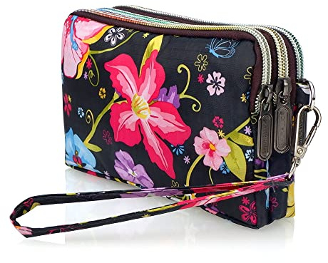 conisy Nylon Wristlet Purses for Women,3 Layers Zipper Small Crossbody Shoulder Bag,Ladies Clutch Wallets with Strap (WH-N02)