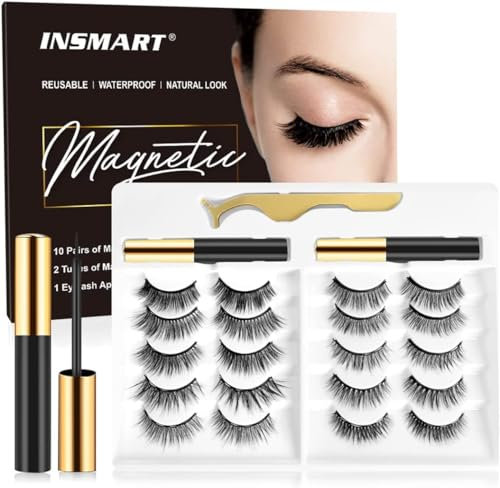 INSMART 10 Pairs False Eyelashes - Upgraded 3D 5D Magnetic Eyelashes & Magnetic Eyeliner Kit with 2 Tubes of Eyeliner & Tweezers - Natural Look, No Glue