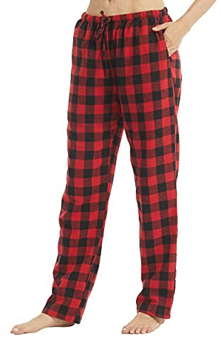 YUSHOW Schlafanzughose Damen Lang Flanell Baumwolle Karierte Pyjamahose Winter Weich Nachtwäsche Hose Freizeithose mit Taschen und Kordelzug, Rot Schwarz Kariert Größe M