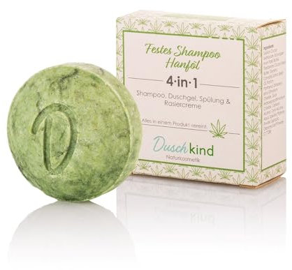 Duschkind Champú sólido de cáñamo 4 en 1 – Aceite de semilla de cáñamo para cabello escamoso – Champú · Gel de ducha · Acondicionador · Crema de afeitar – Vegano Zero Waste Bar – Sin plástico y hecho