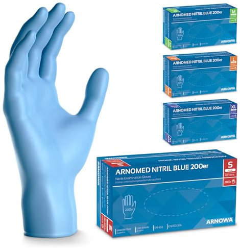 200x ARNOMED Einweghandschuhe Blau, Einmalhandschuhe S, Nitrilhandschuhe puderfrei, Handschuhe Einweg latexfrei, Gummihandschuhe Einweg, Handschuhe Nitril, Einmalhandschuhe in S, M, L & XL