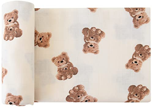 LifeTree Baby Pucktuch Musselin Tuch, 120x120cm Musselin Swaddle Decke Baby Bambus Baumwolle Swaddle Wrap für Junge und Mädchen, Bär