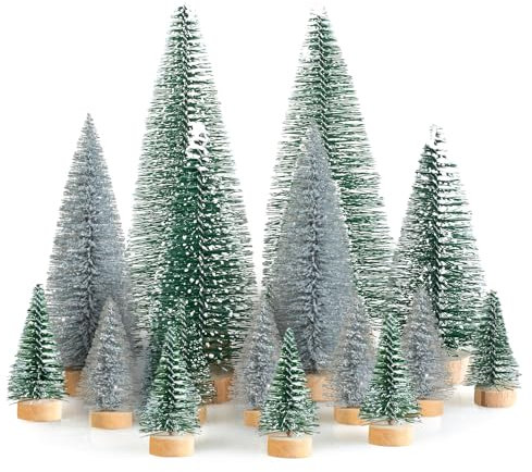 16 Stück Mini Tannenbaum Deko Klein Weihnachtsbaum Grün Silber, Künstlich Miniatur Weihnachtsbaum Gefrostete Mini Christbaum Tree 4.5/10/15cm für Weihnachtsdeko, Tischdeko, DIY, Weihnachtsdorf