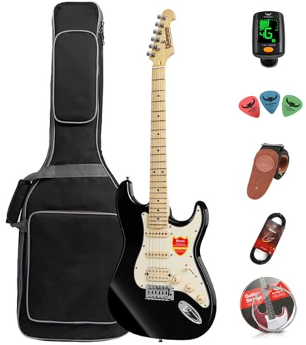 Bullfighter Kit de guitarra eléctrica para principiantes de 39 pulgadas, tamaño completo, bolsa, correa, cuerda, afinador, cable y púas (negro)
