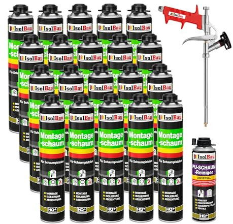 Isolbau Kit de mousse de construction – Comprend 20 x mousse de montage B2 1K avec un excellent son et une isolation thermique (750 ml chacune), 1 nettoyant pour mousse PU (500 ml) et 1 pistolet à