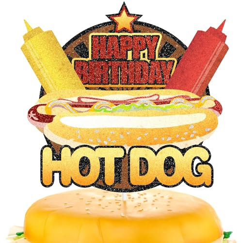 SugarGera Kids' Hot Dog Themed Cake Topper, 7-Piece Set - Birthday, Baby Shower, Children's Day Decorations - Red, Yellow