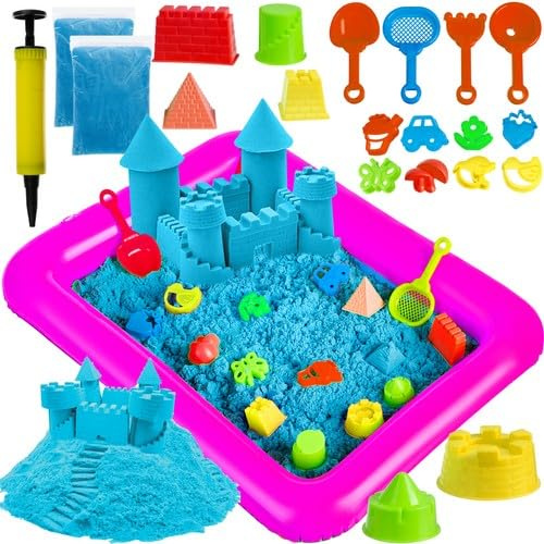 Sherwood Store Sable Cinétique Enfants 3 4 5 Ans Sable Magique Enfants Coloré 2KG+Formes Accessoires Kit Sensoriel de Sable pour Enfants Idées Cadeau Jouet Créatif Enfant - Bleu