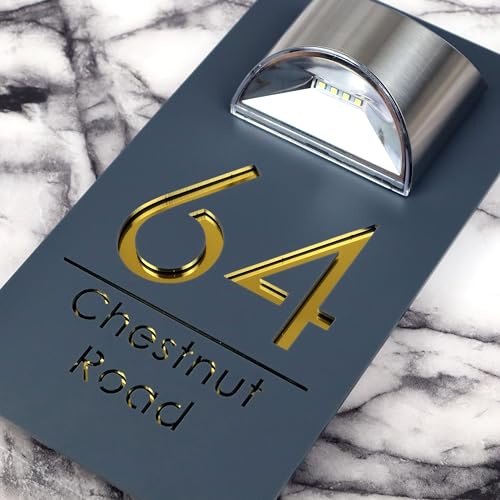 K Smart Sign | Bellissima LED F31 | Panneau solaire pour maison - Plaques de numéro de porte avec lumière - Plaques nominatives pour mur (gris mat et miroir doré)