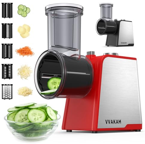 VVAKAM Electric Cheese Grater, 300W DC Motor Rotary Cheese Grater with 5 Different Shapes of Blades, Vegetable Cutter for Potato, Nuts, Kitchen Chopper with Non-slip Suction Base, Red