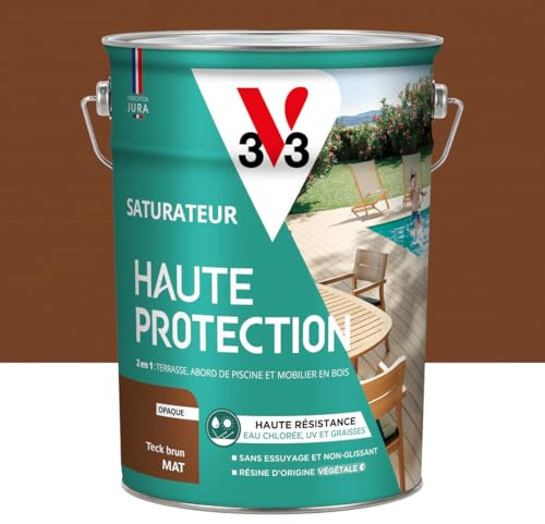 V33 Saturateur bois extérieur Teck brun mat - Pour terrasses et mobilier de jardin - Haute résistance eau chlorée, UV et graisse - Sans essuyage et non glissant - Résine d'origine végétale - 5L