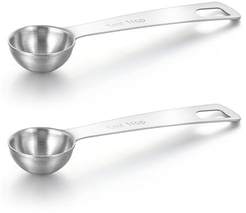 2 cucchiai dosatori in metallo (1 cucchiaino | 1/3 cucchiaio | 5 cc | 1/6 once) con manico lungo singolo cucchiaino in acciaio inox per caffè sfuso tè, proteine, spezie, polveri e altri prodotti