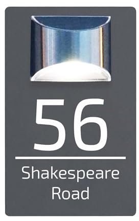 Housics Personalised House Numbers Plaques with Solar Light – Waterproof Composite Aluminium Door Number Plaques for Wall, Custom House Sign with House Number & Street Name (160mm X 280mm, Grey)