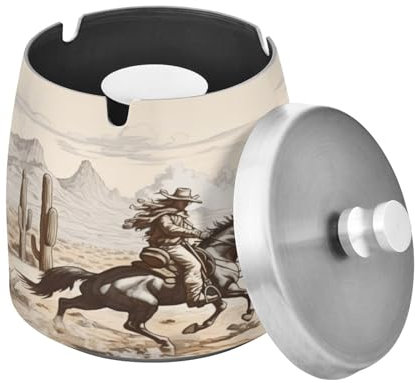 SKYSHU Western Cowboy Ashtray with Detachable Lid and Anti-Skid Pad, Scrath-Resistant Stainless Steel Cigarette Ashtray Smokeless Odorless Windproof Cigar Ash Tray for Smoker Indoor Outdoor Use