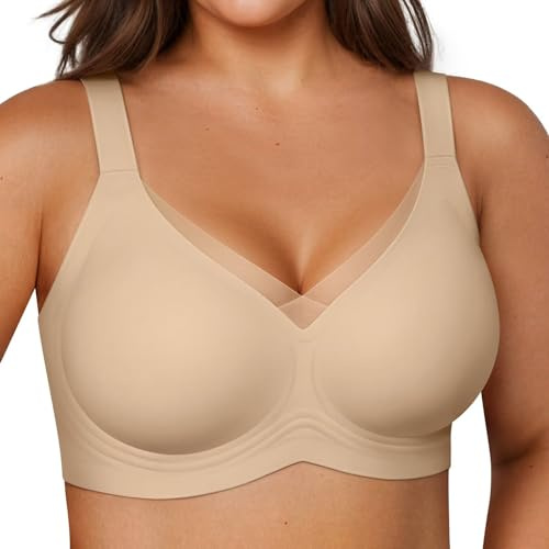 Vertvie Wireless Bras Women Seamless Jelly Supportive Mesh Crossover Bra No Underwire Push Up Full Coverage T-Shirt Bralette(Semolina,Small)