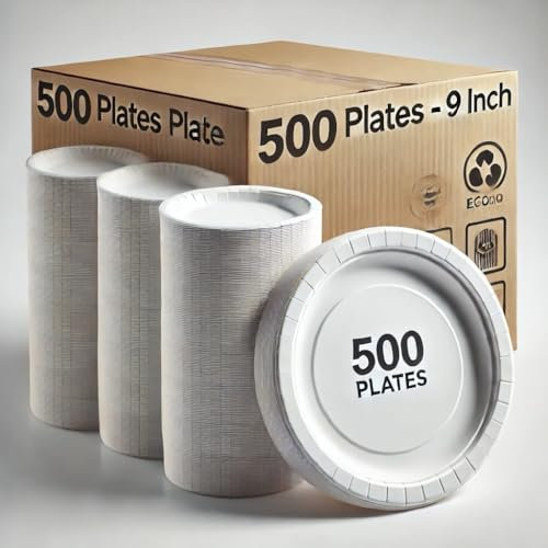 DHANZIPAK 500 Disposable Paper Plates 9 Inch (23cm) – Heavy-Duty White Paper Party Plates – Grease-Resistant, Compostable & Recyclable – Ideal for Parties, BBQs, Events, Catering & Daily Use
