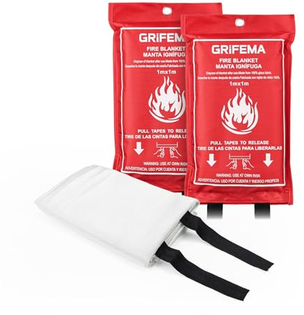 GRIFEMA GA3002 Manta ignífuga 100 x 100 cm EN 1869:2019 Fire Blanket Kitchen Adecuado para hogares, vehículos, oficinas, barbacoas al Aire Libre, chimeneas y almacenes（Paquete de 2）