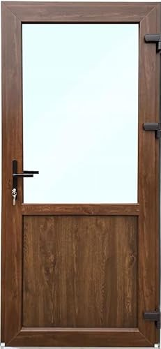 Porta d'ingresso in plastica, 90 x 210 cm, DIN destra, porta d'ingresso secondaria con vetri di sicurezza, set completo per porta di negozio, garage, casa, porta d'ingresso con serratura a 4 punti e
