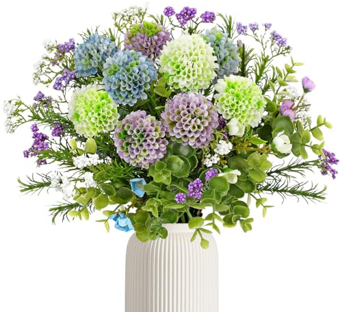 Arborus 33 cm konstgjord blombukett konstgjorda blommor utomhus UV-resistenta falska blommor med pärlväxt och grönska, blå, falskt blomsterarrangemang för inomhus utomhus hem vårbord inredning
