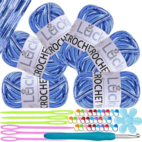 Handstickgarn, 6 x 50 g virkgarn, färgglatt färggradient akrylgarn för stickning, mjuk ull för virkning, flerfärgat garn för stickning virkning och pyssel (blåvit)
