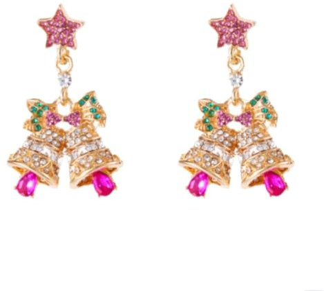 Pendientes de la campana de Navidad - oro-tono strass estrella y arco joyería de vacaciones para las mujeres, pendientes festivos de la campana de la campana con cristales coloridos
