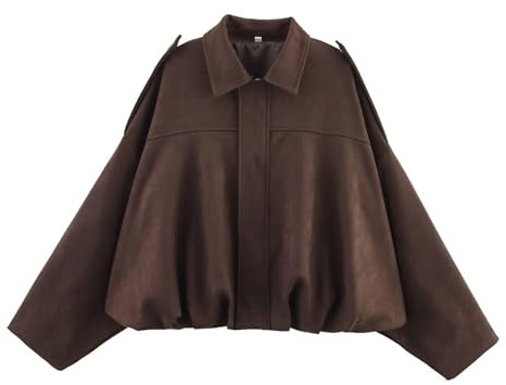 Übergangsjacke Damen Kunstwildleder Bomberjacke Oversized Casual Langarm Reißverschluss Kurze Lederjacke Streetwear Outwear Pilotenmantel Herbst Winter Wildlederjacke