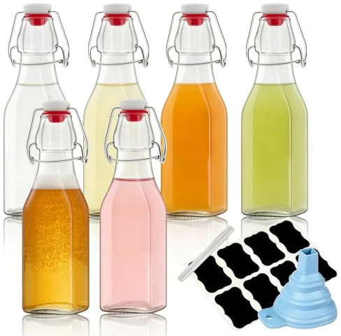 Siocok 6 PCS 250ml Glass Bottles with Stoppers, Clip Top Preserve Bottles Clear Glass Bottless with Airtight Stoppers, for Homebrewing, Beverages, Kombucha, Wine, Vinegar and Oil