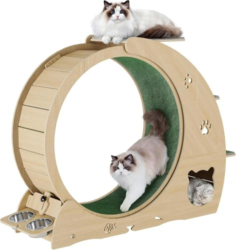 MilleLoom 4-in-1 Cat Running Wheel, Large Cat Treadmill,Large Quiet Exercise Wheel with Scratching Pad & Play Roller,Stable Wood Base for Indoor Cats