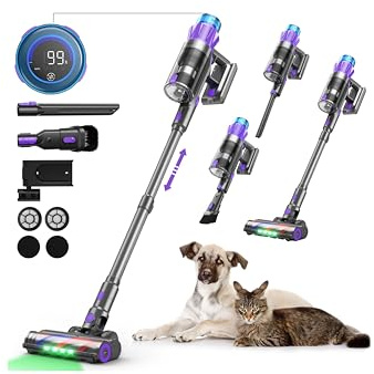 Aspiradora Sin Cable Potente, 55KPA/580W/70Min Escoba Eléctrica sin Cable con Pantalla Inteligente y Anti-enredos, luz LED Verde, Aspirador Sin Cable Potente para Suelos/Alfombras/Pelo de Mascotas