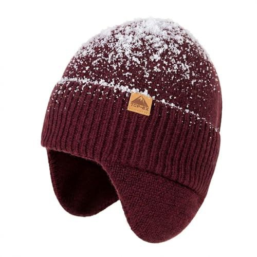 TOP-EX XL/XXL Merino Wool Waterproof Beanie for Men Women with Ear Flap Winter Fleece Lined Beanie Outdoor Skiing Hat Burgundy M/L