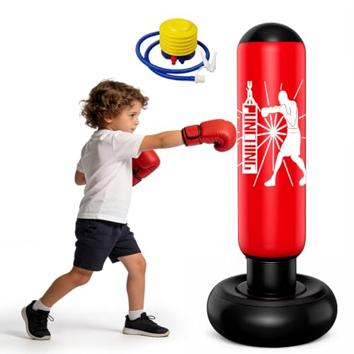 Uppblåsbar stående boxningssäck för barn 160 cm, boxningssäck för barn med fotpump, PVC boxningssäck för pojkar och flickor från 3-12 år, idealisk för karate, kickboxning, taekwondo, MMA boxträning