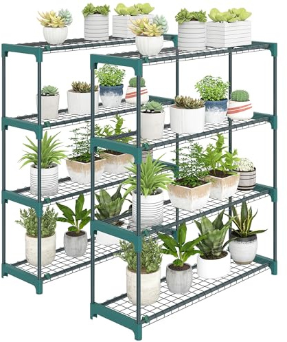 Outsunny Set di 2 Scaffali Porta Piante Verticale a 4 Livelli in Acciaio e Plastica, Porta Vasi per Interni ed Esterni Giardino Balcone, 90x28x104 cm, Verde Scuro