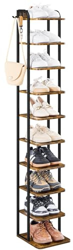 Yaheetech Scarpiera Verticale a 10 Livelli, Scaffale Portascarpe Alta e Stretta Vintage in Metallo e MDF, Scarpiera Salvaspazio per Ingresso e Corridoio, Marrone Rustico