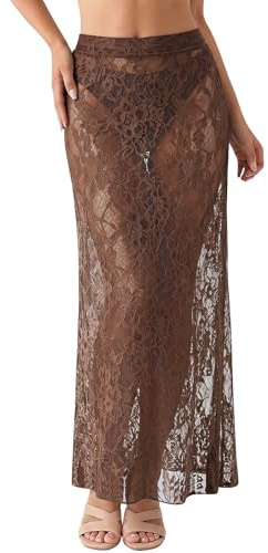 Aunribor Falda Larga de Encaje Transparente para Mujer Falda Maxi Informal | Encaje con bordados florales, Cintura alta elástica, sin forro, Ligera y suave, Playa, Vacaciones, Fiesta