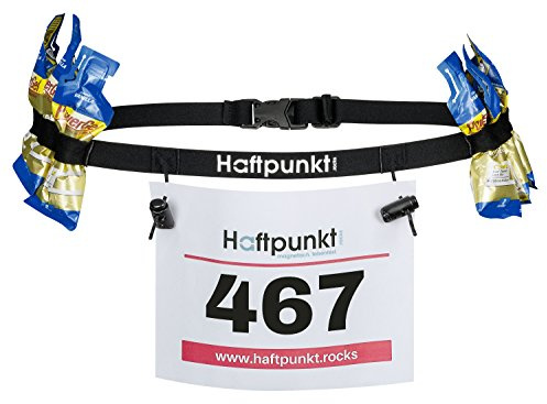 Haftpunkt Cinturón número de Carreras (con 6 Hebillas elásticas) - para Fijar y Sujetar el Dorsal de Carrera - cinturón de Carreras para maratones, triatlón o Ciclismo (Negro)