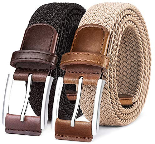 BULLIANT Elastischer Flechtgürtel 2er, Gürtel Herren Damen Stoffgürtel Geflochten Stretchgürtel Golfgürtel 35mm(Schwarz/Beige-115cm/36-40 taille verstellbar)