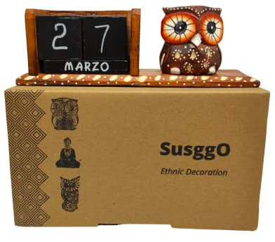 SusggO Calendario Perpetuo de Madera Animales Buho Gato Artesania Decoración para la Mesa, estantería, Escritorio, sobremesa (Buho Marron BM)