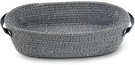 TENQUAN Storage Basket Cotton Rope Basket Leather Handle Woven Shelf Baskets for Cabinet Shelves, Decorative Home Storage Box for Bedroom Bathroom(Black & White)