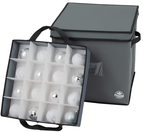 Christmas Village 64 Bauble Storage Bag with Adjustable Dividers, Removable Lid – 600D Fabric Premium Bag for Xmas Tree Decors Organisers, Festive Ball Holder & Carry Handles (Grey, w/Pull Out Trays)