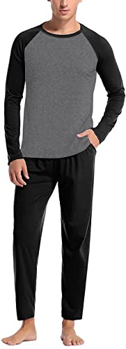 Set pigiama da uomo in 2 pezzi, abbigliamento per la casa, maglietta a maniche lunghe e pantaloni pigiama set lounge set pigiameria tuta da yoga, Nero , M