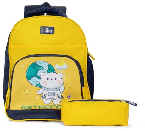 THE CLOWNFISH Mini Explorer Series Printed Polyester 12 Litres Kids Backpack School Bag with Pencil Staionery Pouch Daypack Picnic Bag for Tiny Tots., Mini Explorer-Yellow - Astronaut, M, Casual