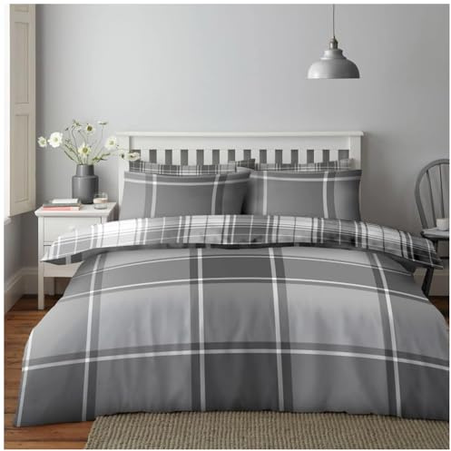 GC GAVENO CAVAILIA Tartan Check Duvet Cover Set, Double Bed Size, Grey | Breathable, Reversible Checkered Plaid, Includes Pillow Cases, Easycare Soft, Geometric Quilt Cover - Polycotton