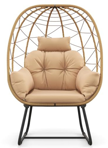COSTWAY Korbsessel Rattan, übergroßer Loungesessel mit abnehmbarem Kissen & Metallgestell, Gartensessel, Rattansessel für Balkon, Garten, Terrasse, Wohnzimmer (Beige)
