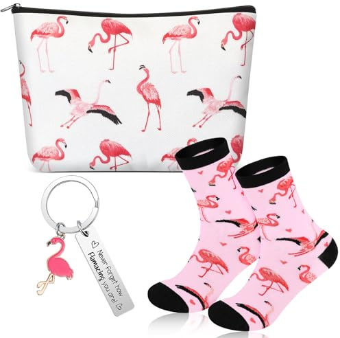 Xuniea Set di Regali di 3 Pezzi Motivazionali per Donne Borsa per Cosmetici Portachiavi e Calzini Regalo di Ringraziamento a Tema Animale per Infermieri Natale Compleanno (Stile Fenicottero)