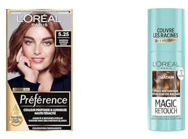 L’ORÉAL PARIS - Kit de Coloration Cheveux Permanente et Retouche Racine - Châtain - Camoufle les Cheveux Blancs Entre Deux Colorations - Spray Instantané Magic Retouch + Préférence