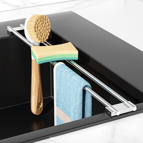 XILIMOR Soporte para Trapos de Cocina, Escurridor Estropajos Fregadero, Ajustable Soporte Esponja Fregadero, Escurridor para Escobillas Metálico, Esponjas, Cepillos y Botellas (1, Plata)
