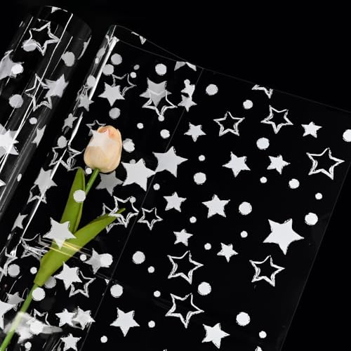 FMDPZUP 5m×80cm White Polka Dot Star Hamper Wrapping Cellophane Paper Sheets,100% Recyclable ECO Clear Gift Wrap for Birthday Present and Wedding Party Bouquet Packaging(folded in half)