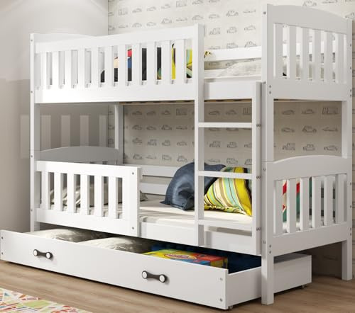 Interbeds Lit Superposé QUBA en Bois de Pin Massif, Barrière de sécurité, Sommier, Tiroir, Enfant et Adulte, séparable en 2 lit, 2 Places (Blanc, 90x190)