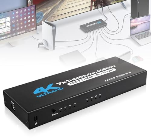 Switch HDMI 7 in 1-out, 4 K, 60 Hz, 7 x 1 HDMI, con telecomando, cavo di alimentazione, 7 connettori multipli, switch automatico, supporta HDMI2.0/HDR10 per switch, Xbox, PS4, HDTV, TV Stick, Blu-Ray