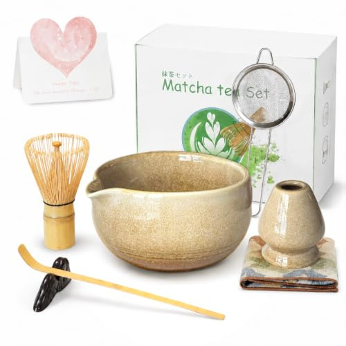Qxeutm Matcha Whisk Set, 7 Pcs Matcha Set - Ceramic Matcha Bowl & 100% Handmade Bamboo Whisk with Chasen Holder, Bamboo Scoop, Rest, Matcha Sifter & Tea Towel - Complete Matcha Kit (White)