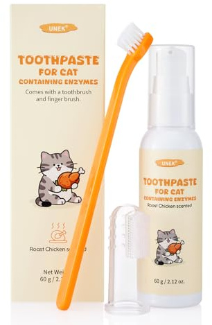 Kit de soins dentaires pour chat, dentifrice enzymatique goût poulet rôti | Avec brosse à dents et brosse à doigts, aide à réduire la plaque dentaire et favorise une haleine fraîche, 60 g